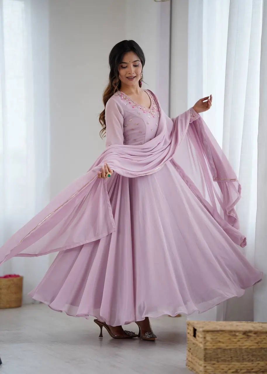 Handwork Embroidered Georgette Gown Set with Dupatta and Pant