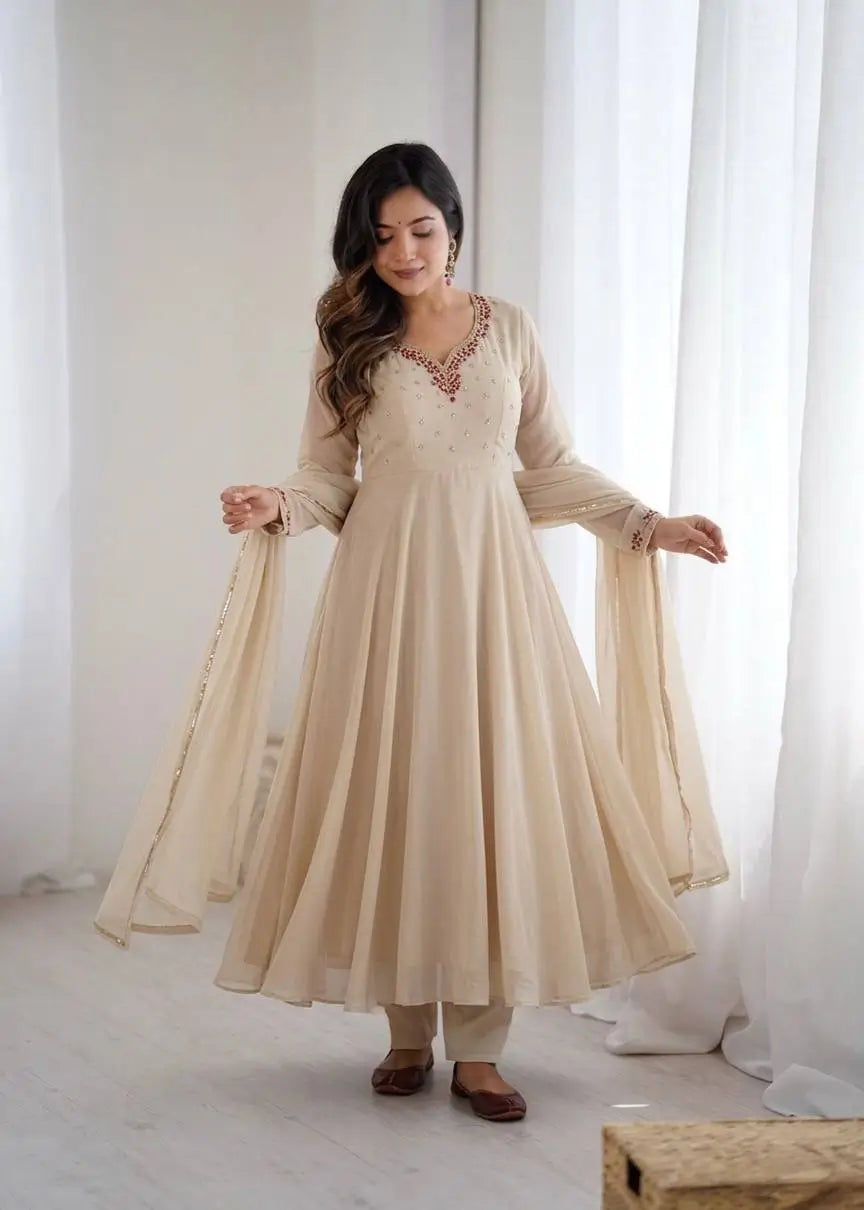 Handwork Embroidered Georgette Gown Set with Dupatta and Pant