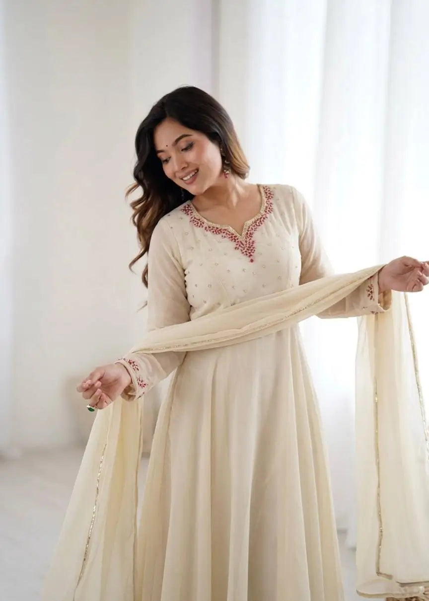 Handwork Embroidered Georgette Gown Set with Dupatta and Pant