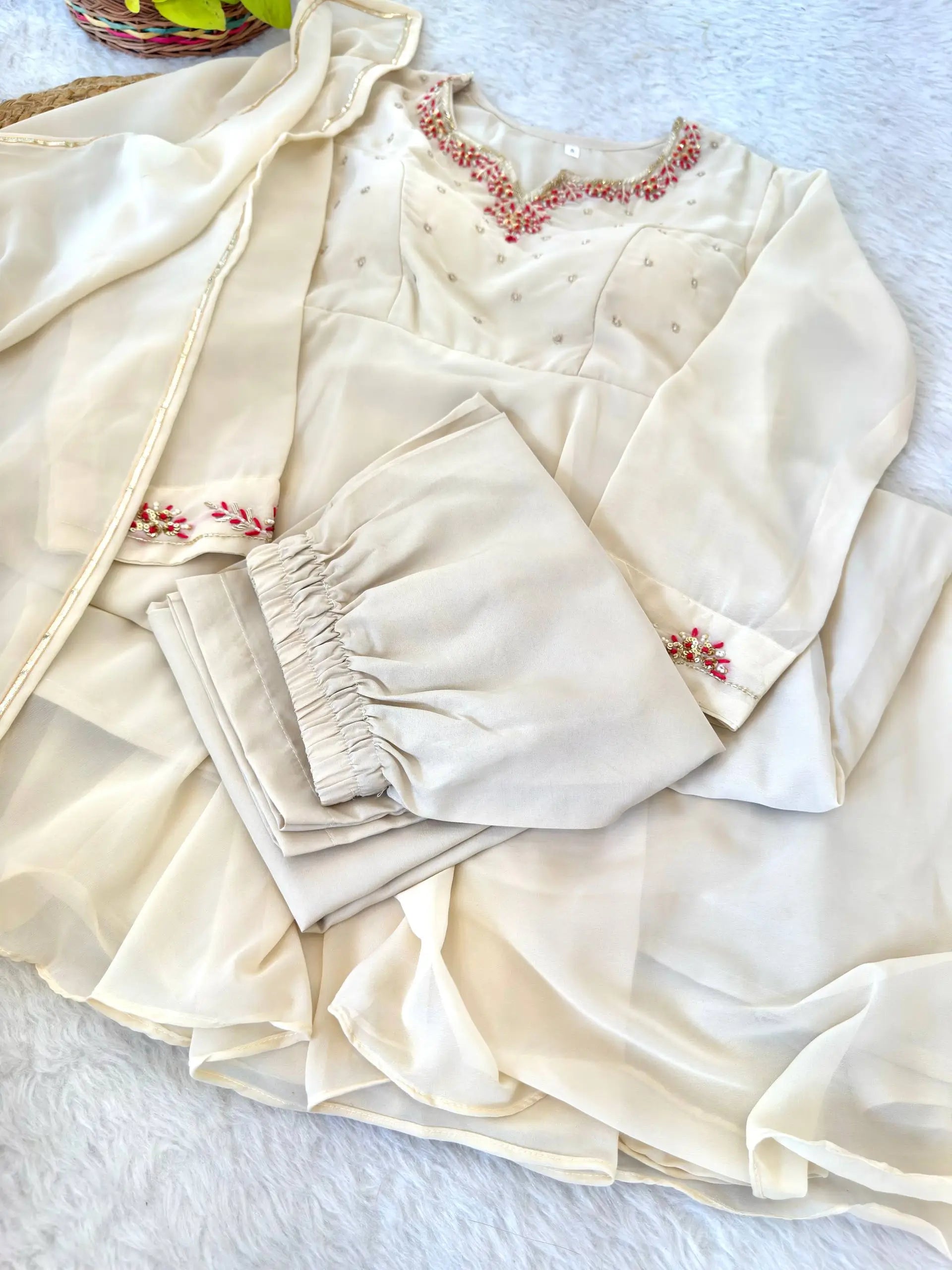 Handwork Embroidered Georgette Gown Set with Dupatta and Pant