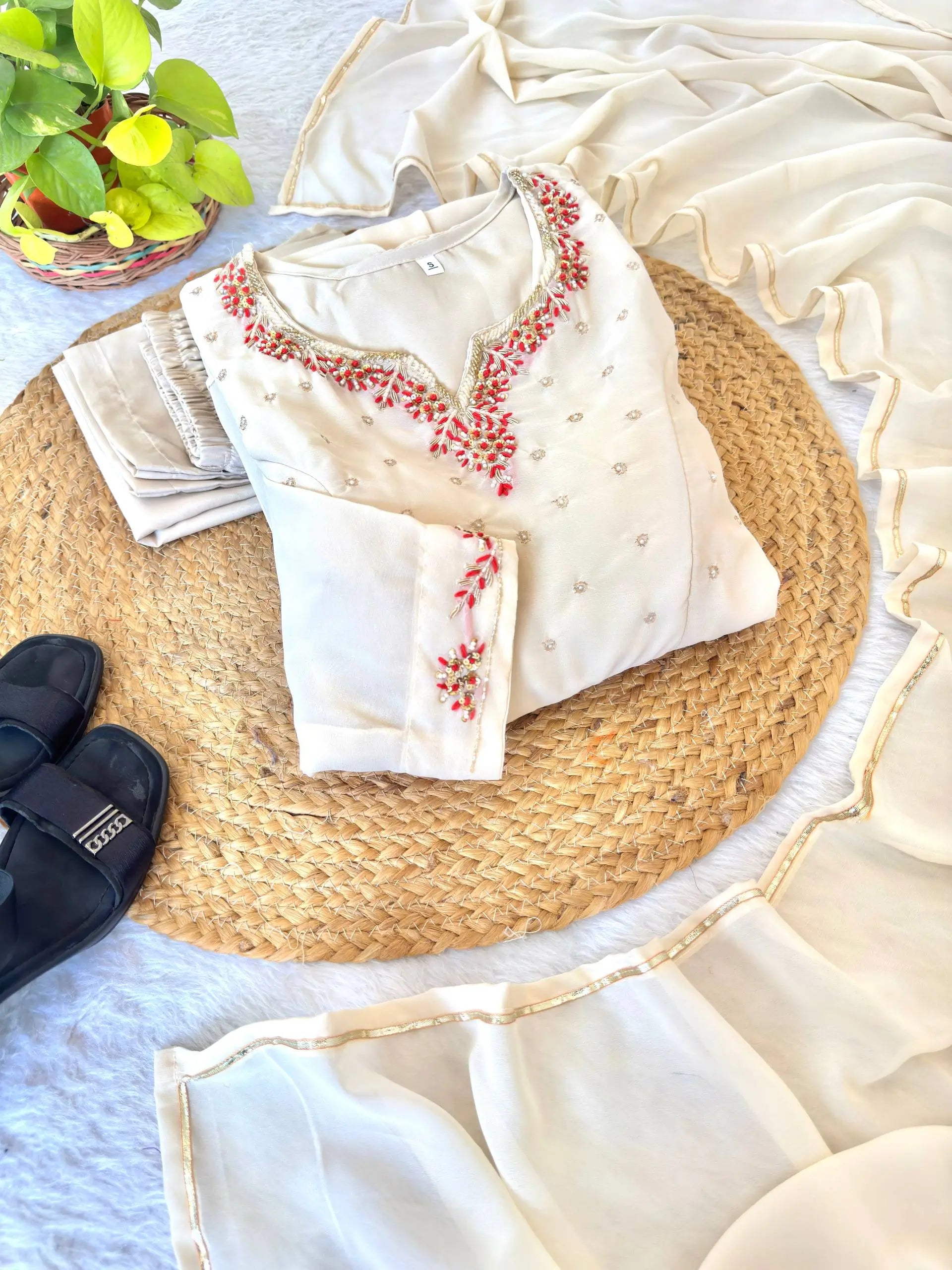 Handwork Embroidered Georgette Gown Set with Dupatta and Pant