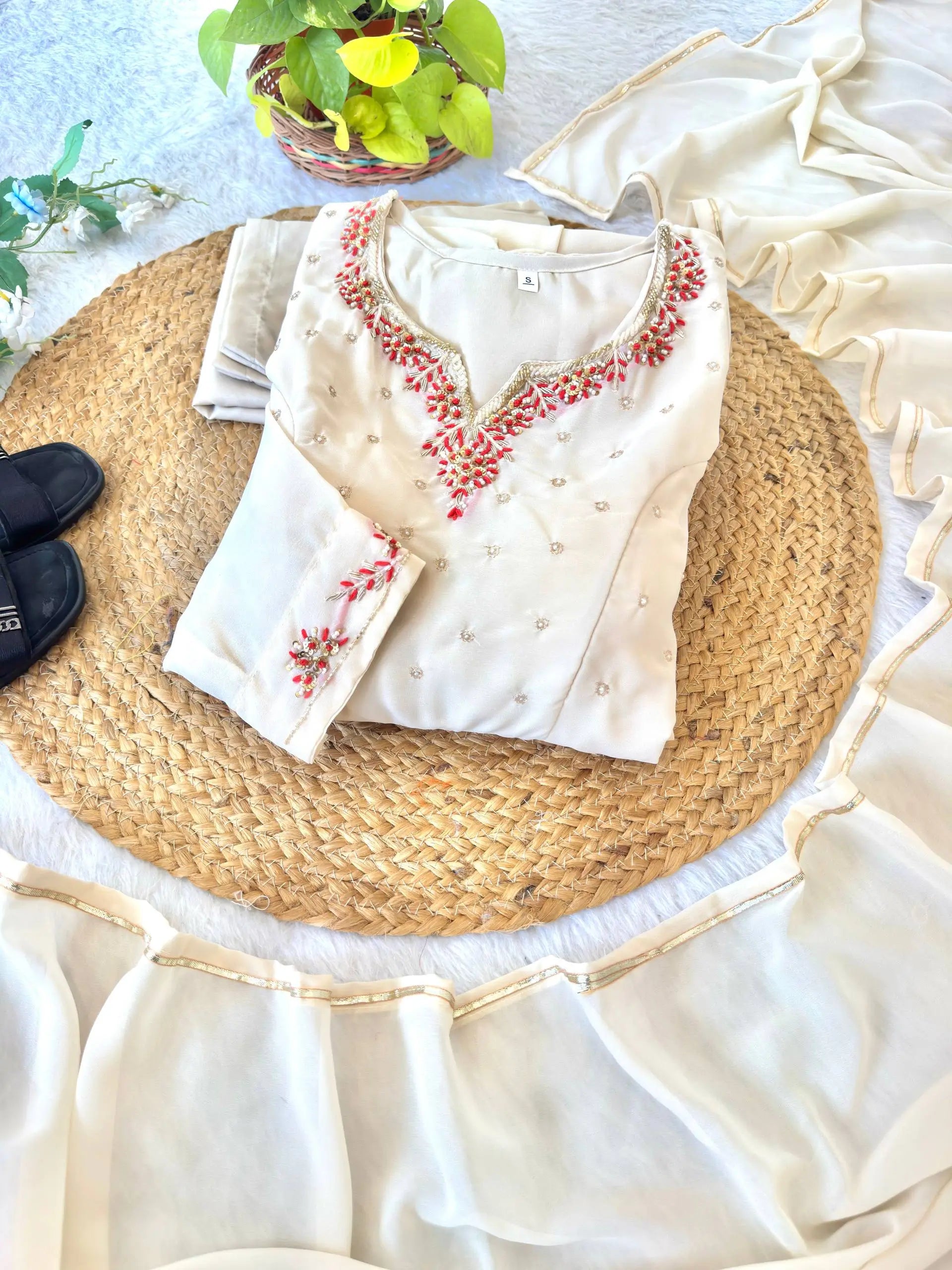 Handwork Embroidered Georgette Gown Set with Dupatta and Pant