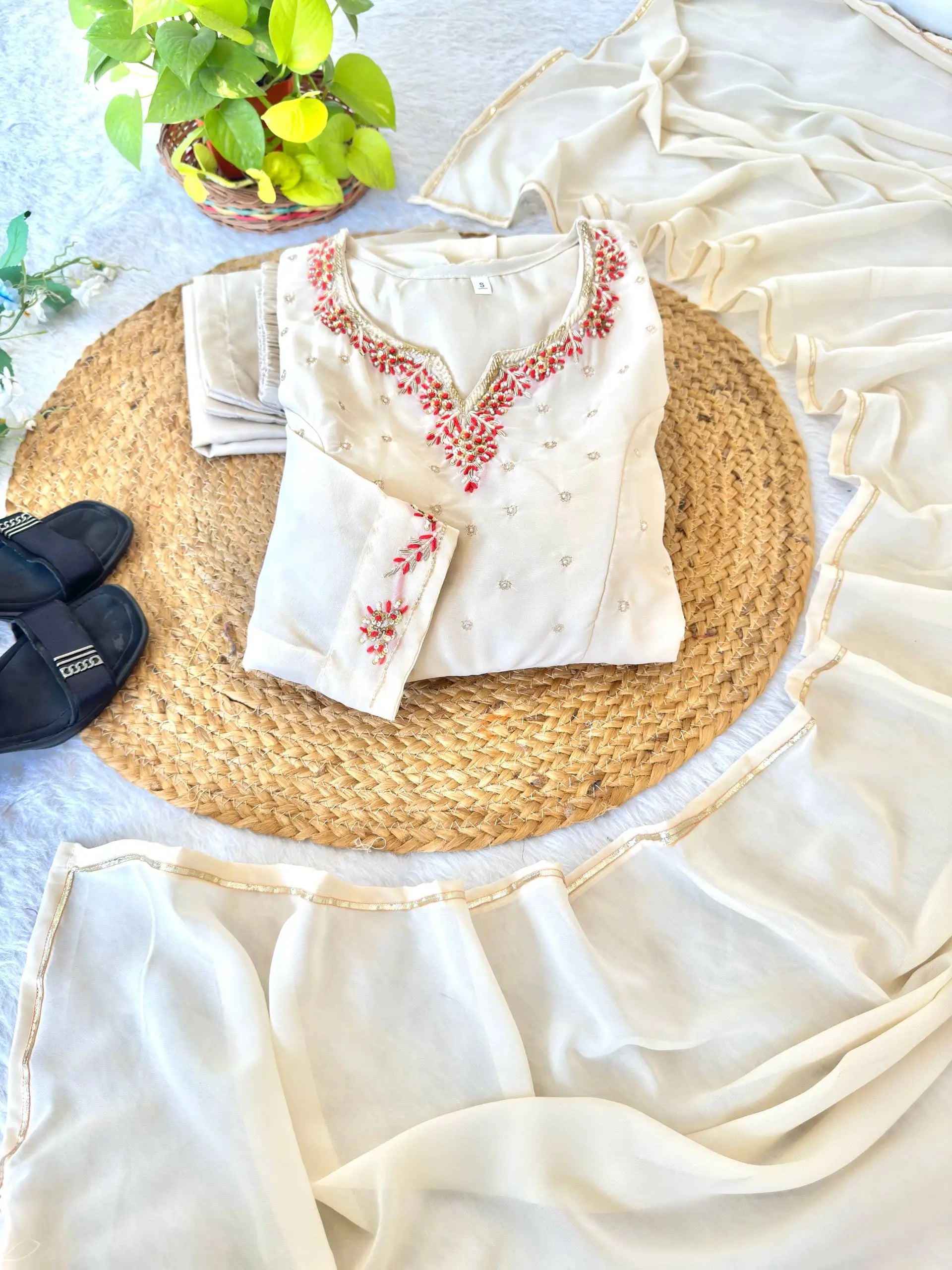 Handwork Embroidered Georgette Gown Set with Dupatta and Pant