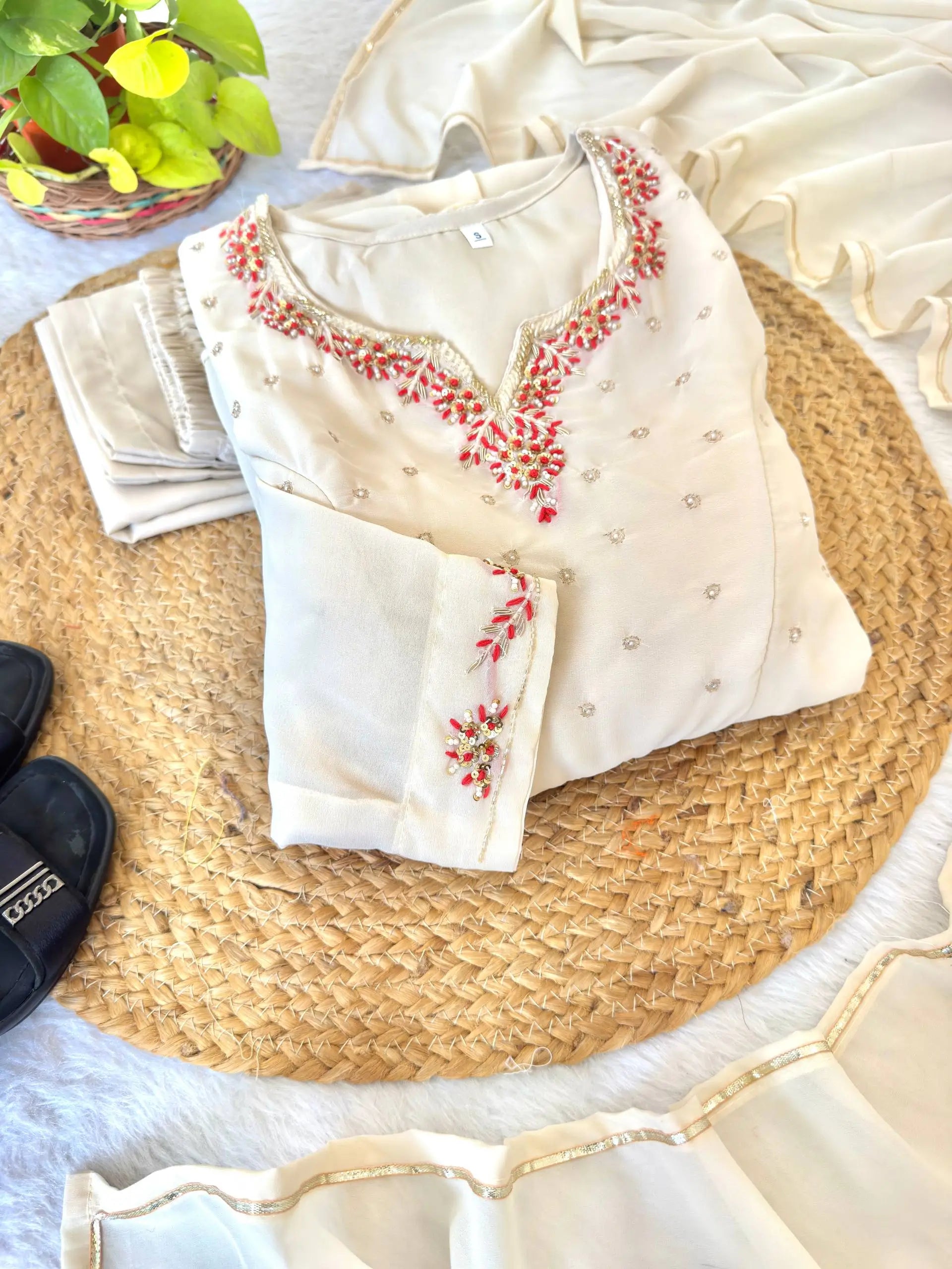 Handwork Embroidered Georgette Gown Set with Dupatta and Pant