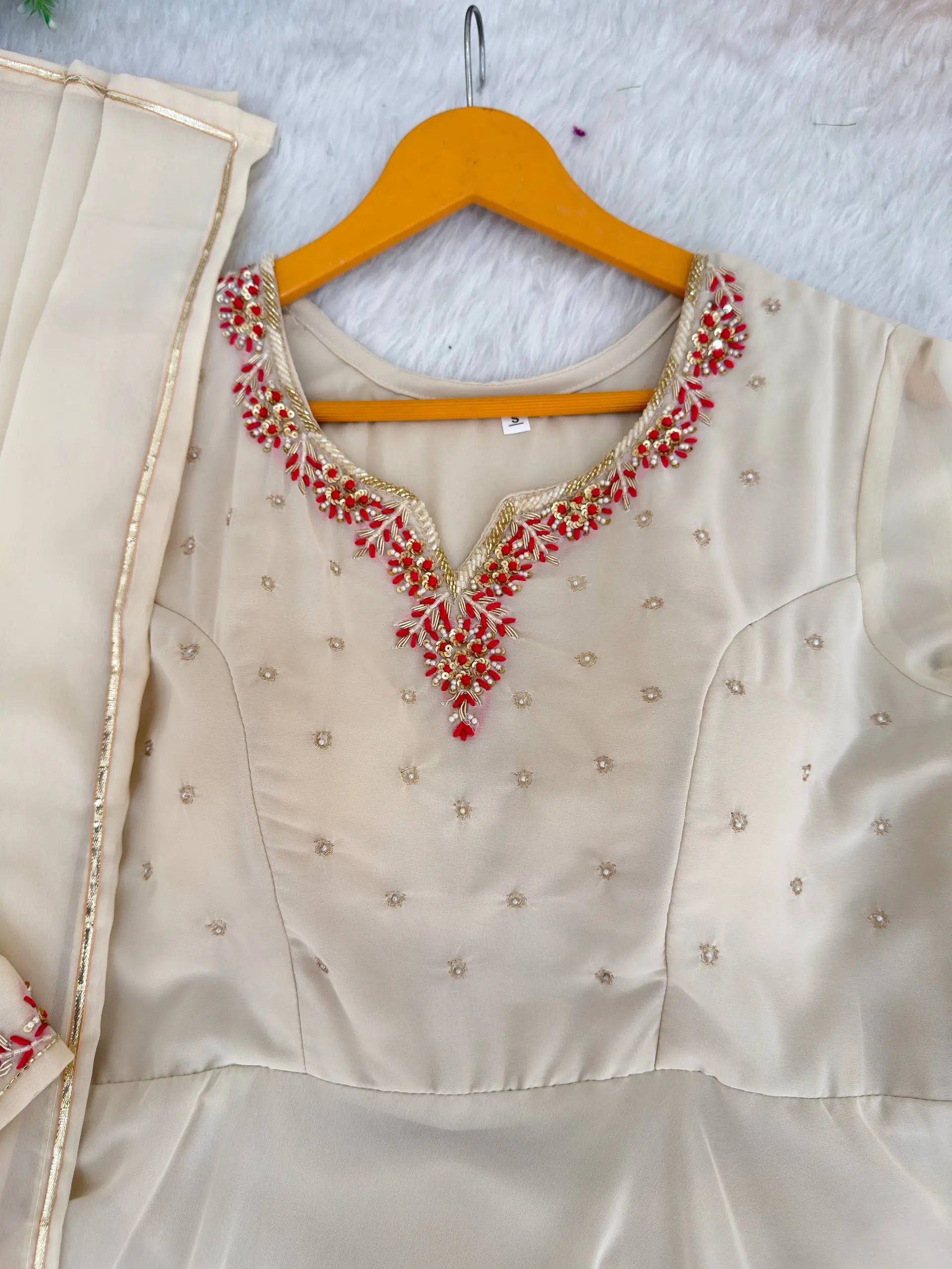 Handwork Embroidered Georgette Gown Set with Dupatta and Pant