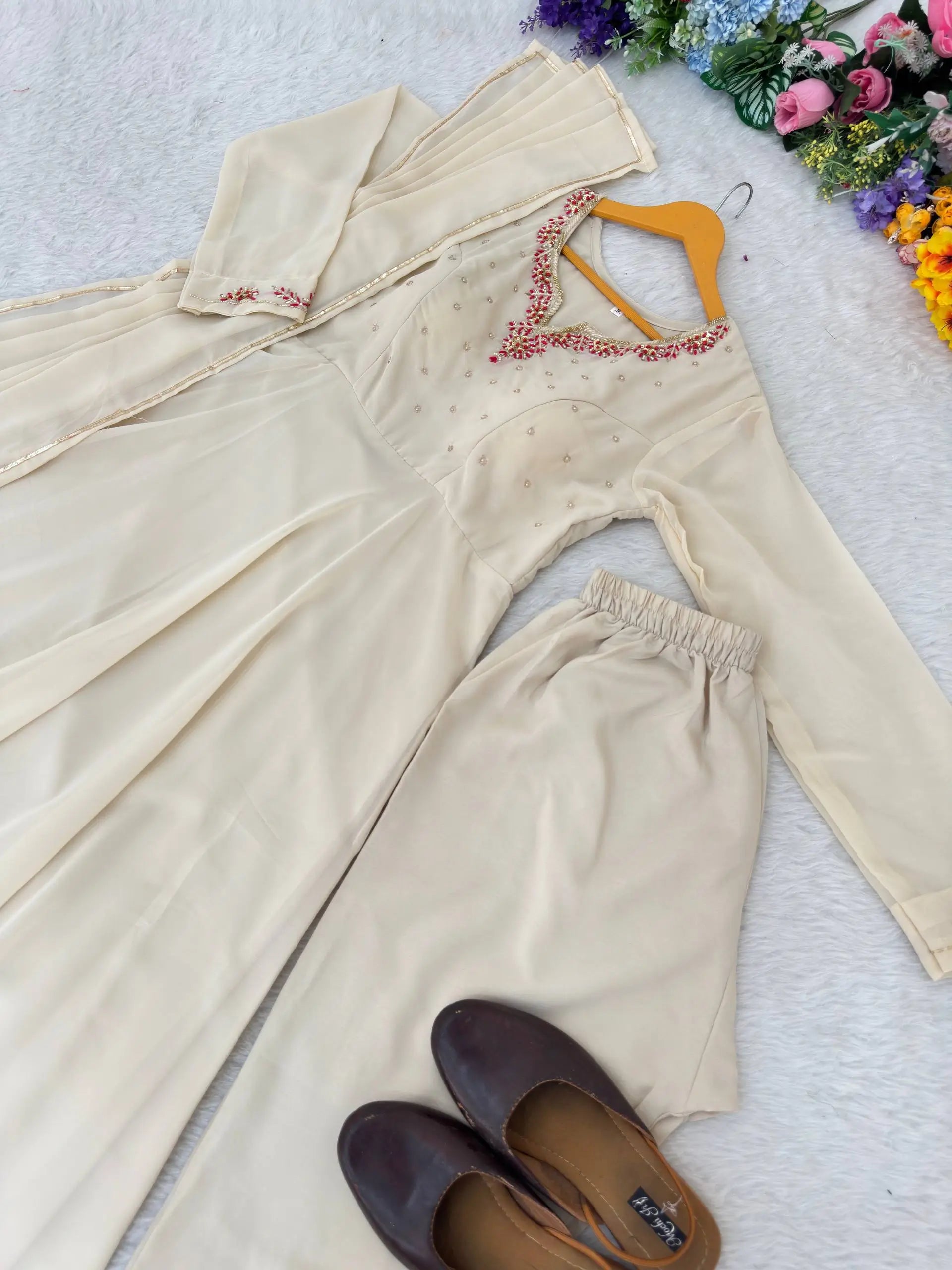 Handwork Embroidered Georgette Gown Set with Dupatta and Pant