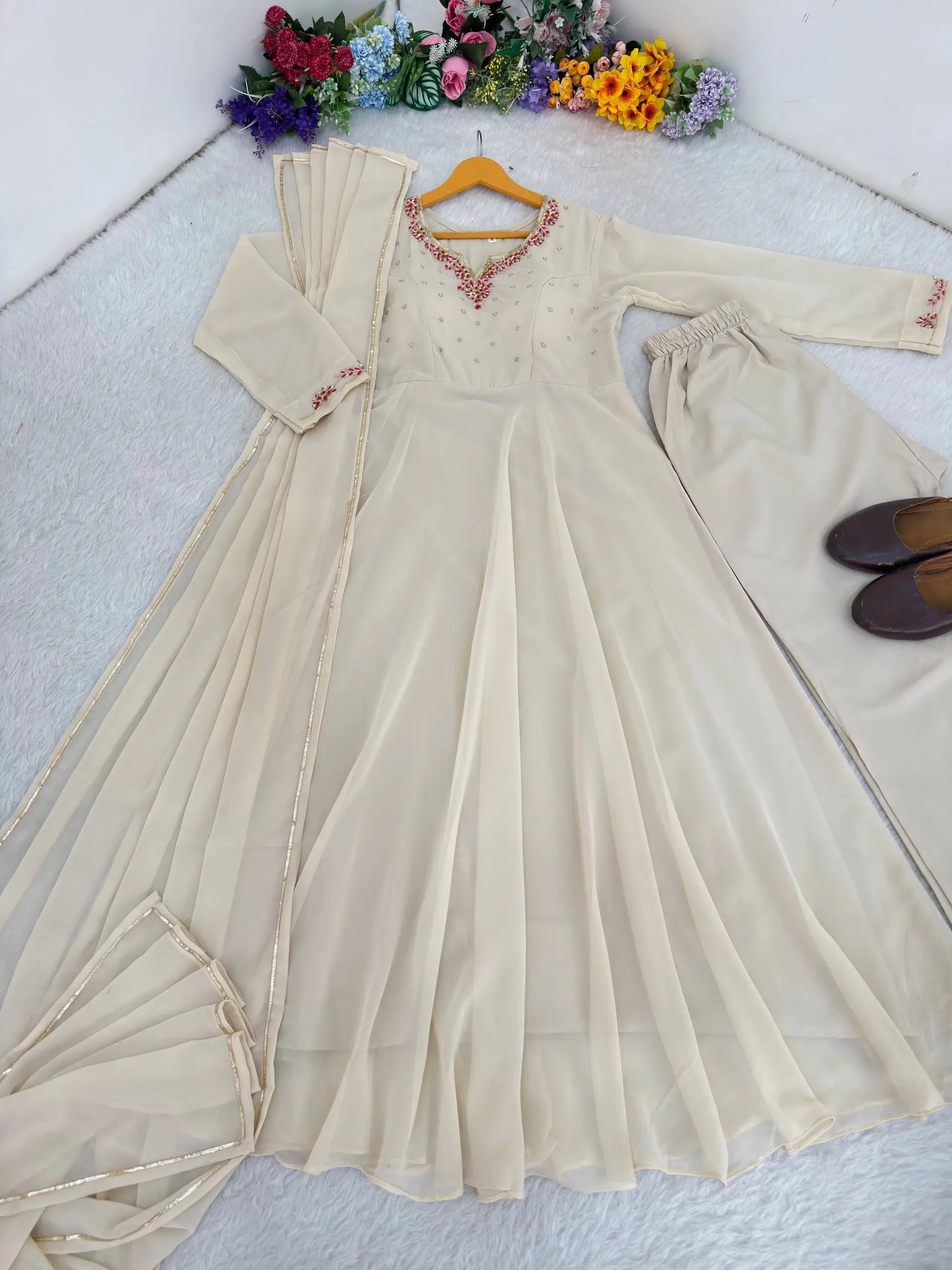 Handwork Embroidered Georgette Gown Set with Dupatta and Pant