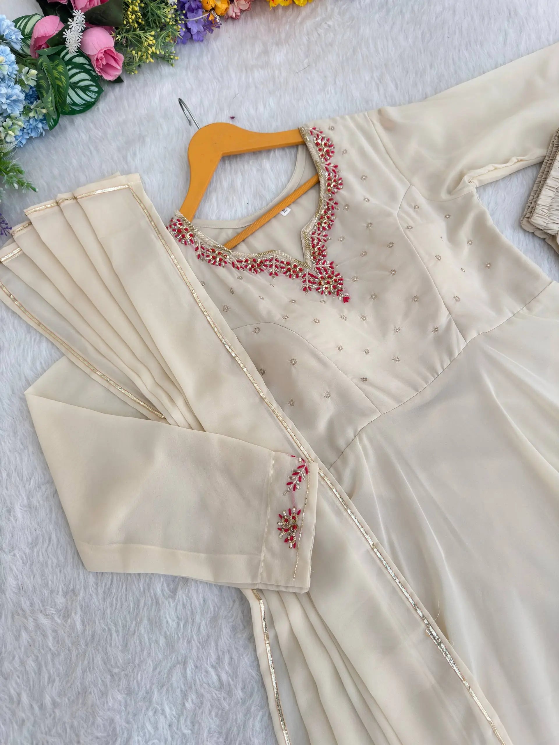 Handwork Embroidered Georgette Gown Set with Dupatta and Pant