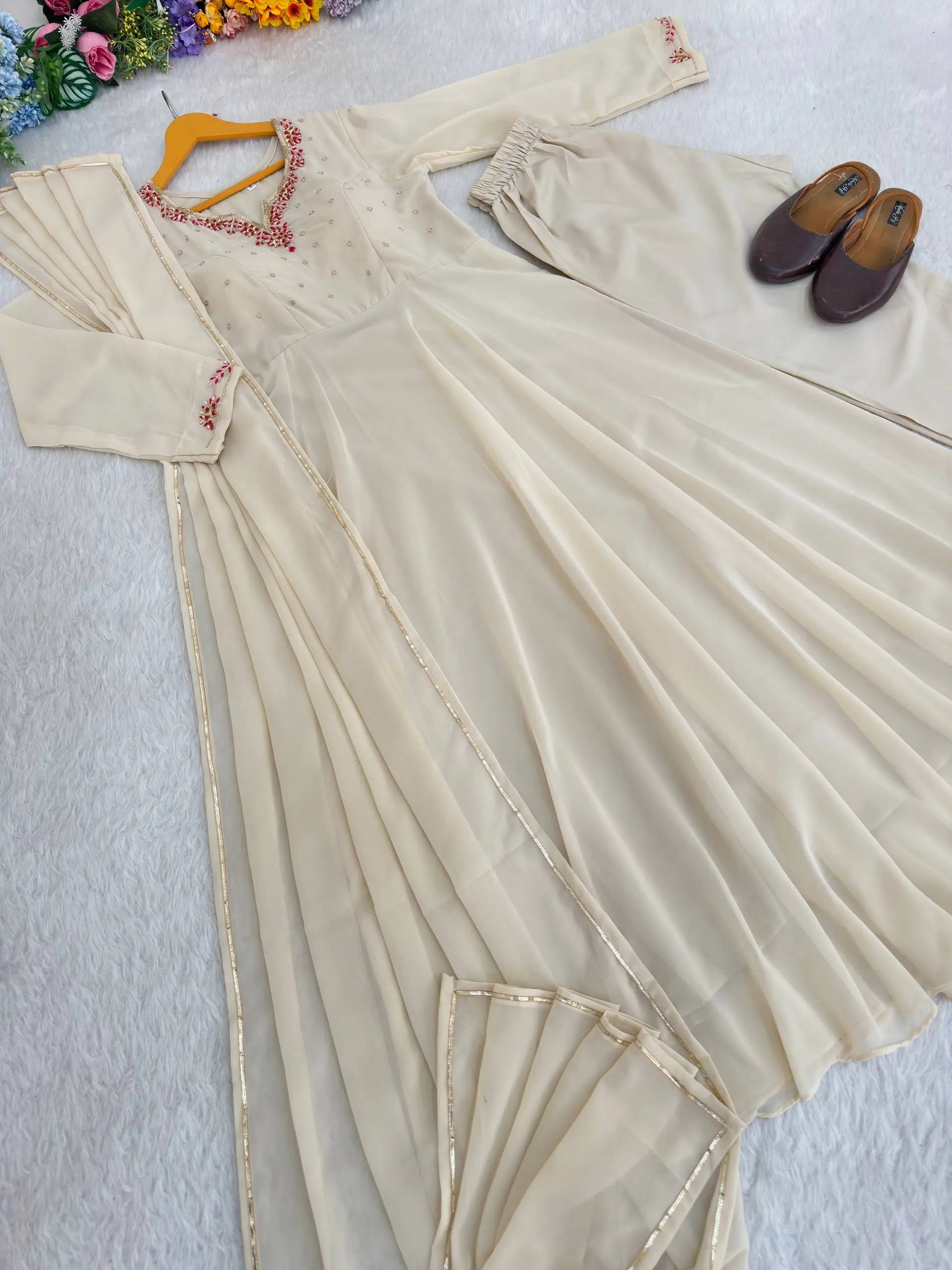 Handwork Embroidered Georgette Gown Set with Dupatta and Pant