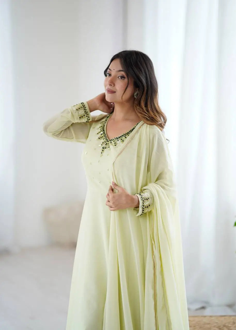 Handwork Embroidered Georgette Gown Set with Dupatta and Pant