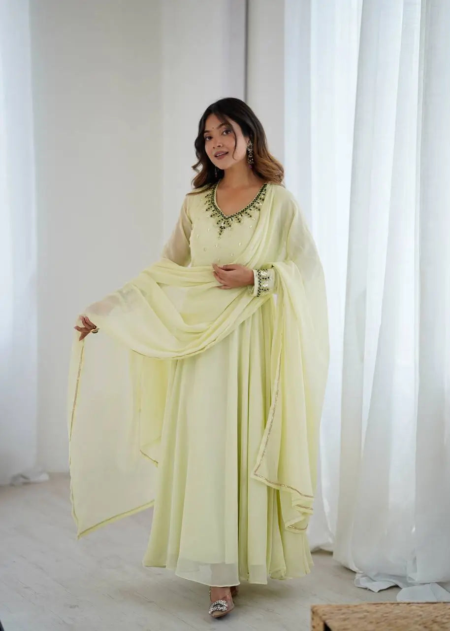 Handwork Embroidered Georgette Gown Set with Dupatta and Pant