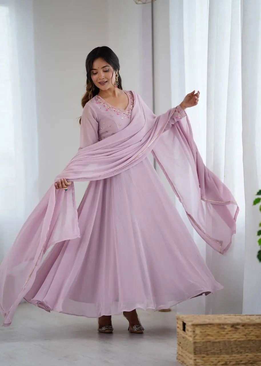 Handwork Embroidered Georgette Gown Set with Dupatta and Pant