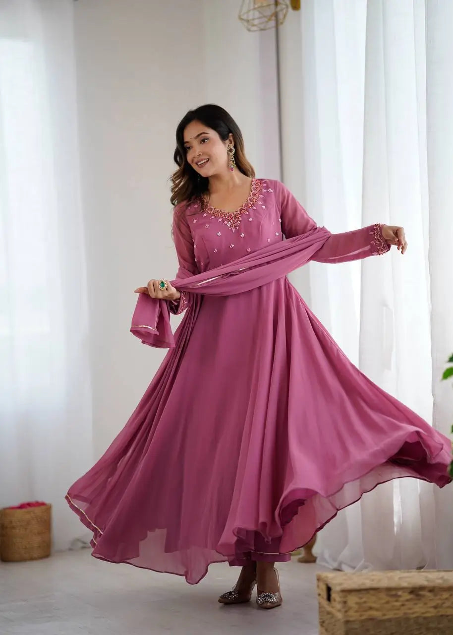 Handwork Embroidered Georgette Gown Set with Dupatta and Pant