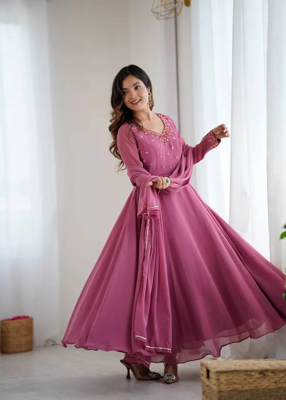 Handwork Embroidered Georgette Gown Set with Dupatta and Pant