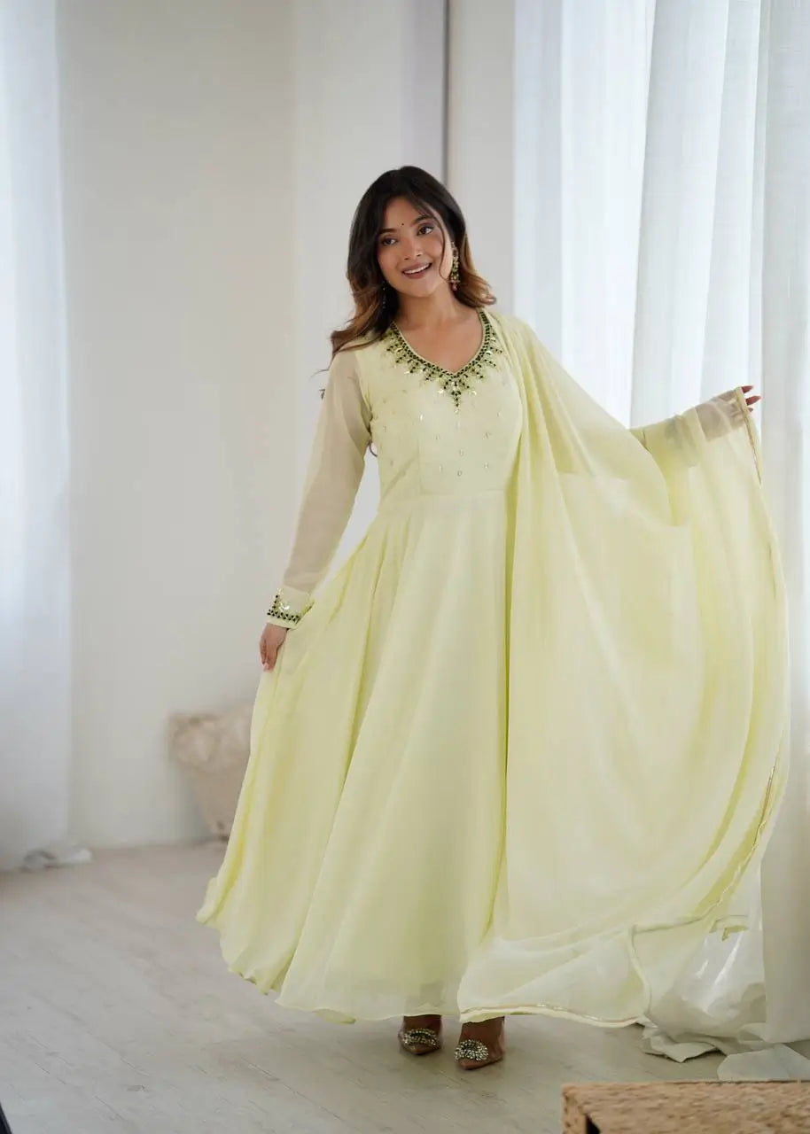 Handwork Embroidered Georgette Gown Set with Dupatta and Pant