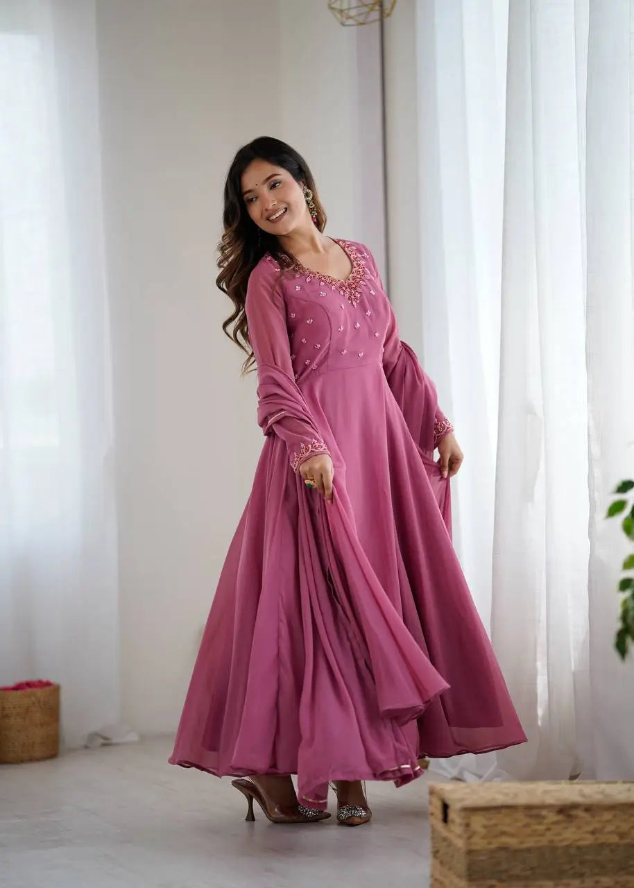 Handwork Embroidered Georgette Gown Set with Dupatta and Pant