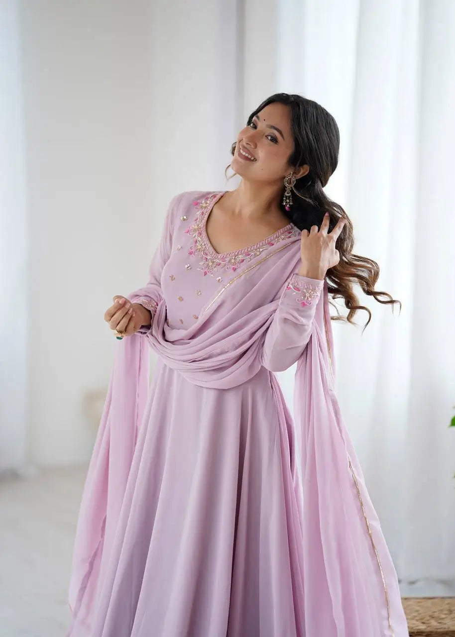 Handwork Embroidered Georgette Gown Set with Dupatta and Pant