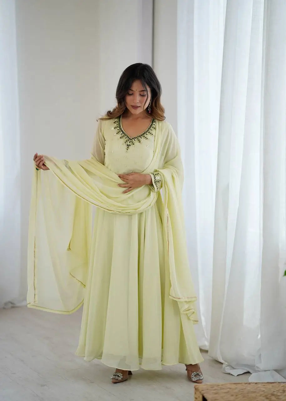 Handwork Embroidered Georgette Gown Set with Dupatta and Pant