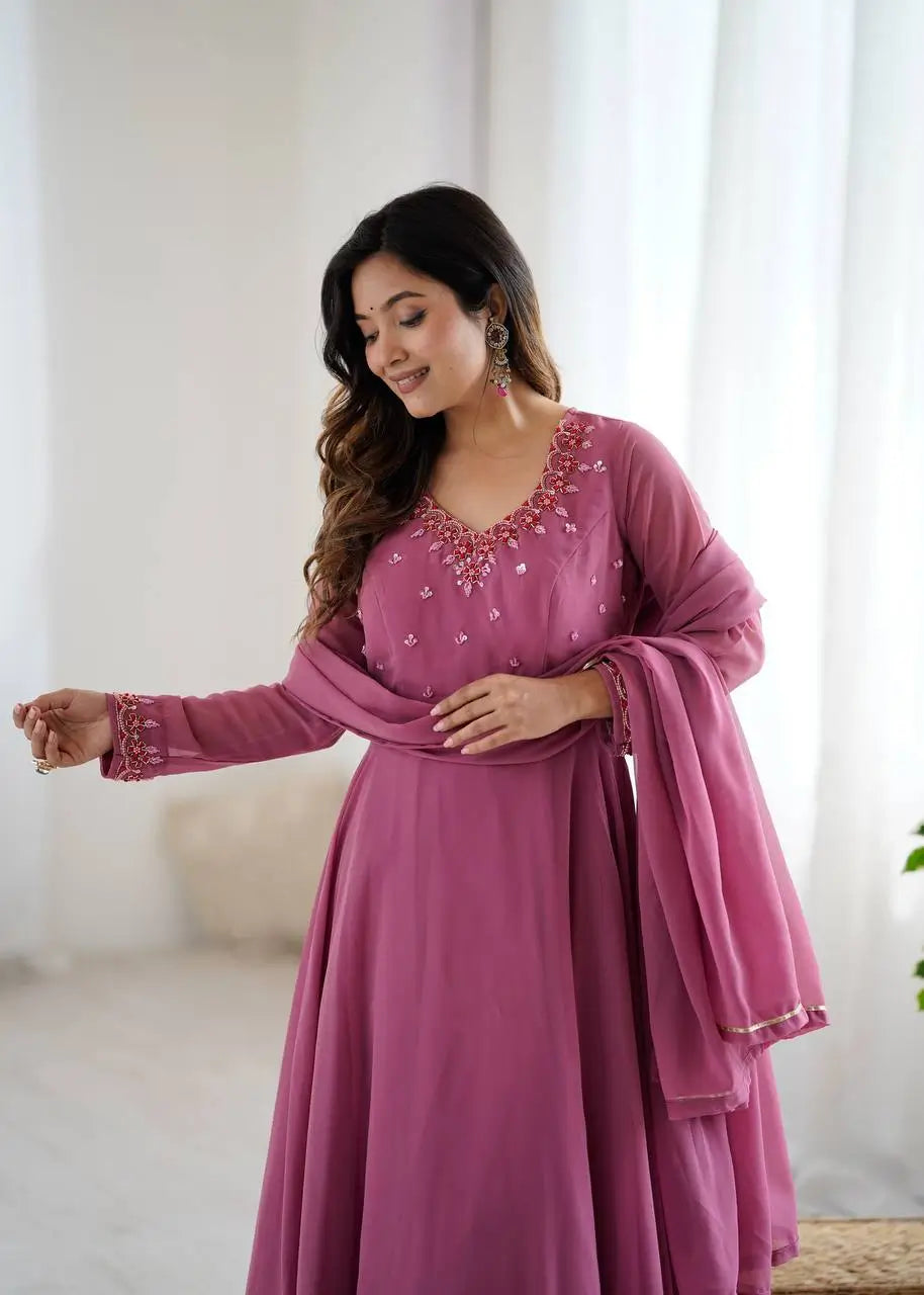 Handwork Embroidered Georgette Gown Set with Dupatta and Pant