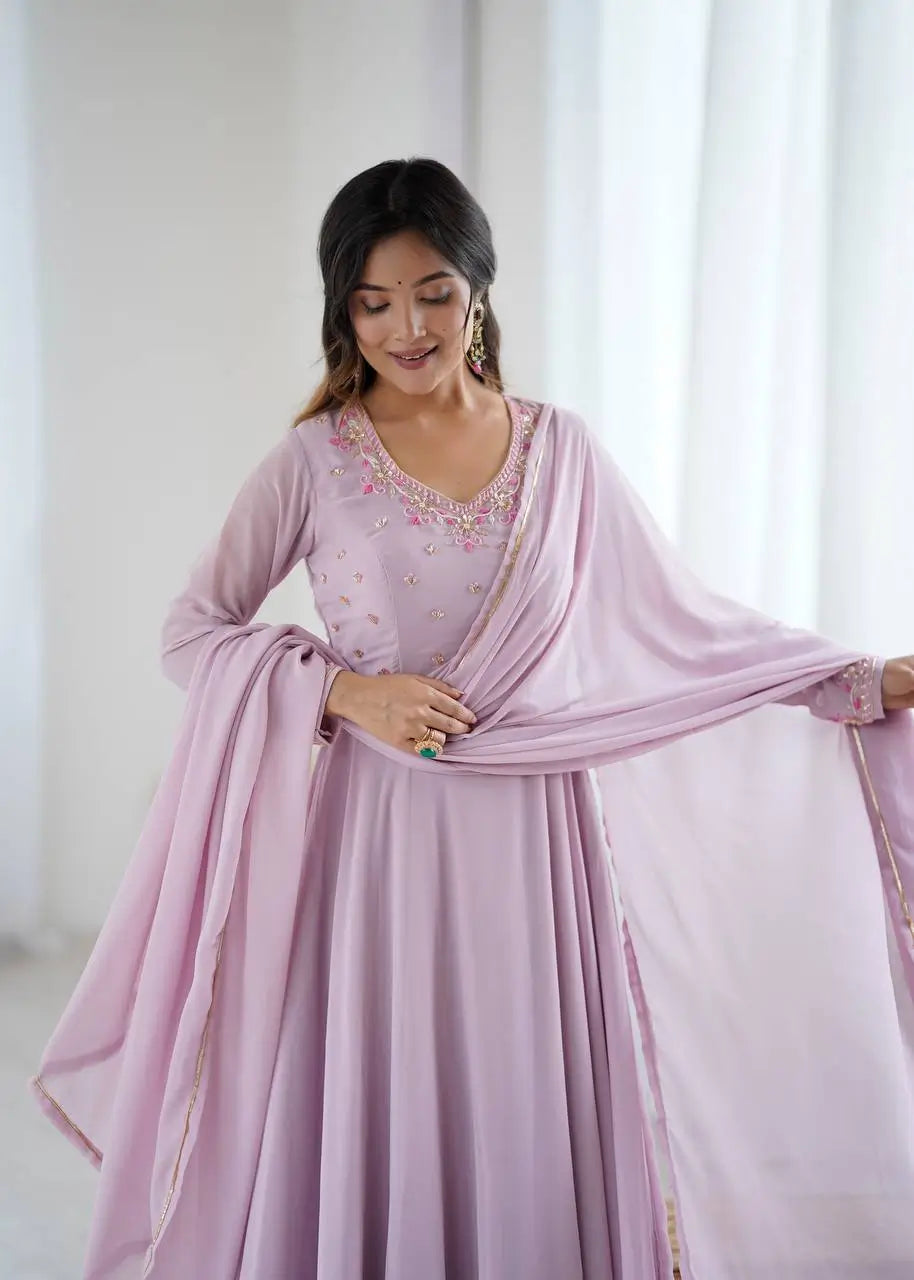 Handwork Embroidered Georgette Gown Set with Dupatta and Pant for family functions