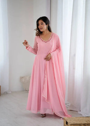 Handwork Embroidered Georgette Gown Set with Dupatta and Pant for family functions