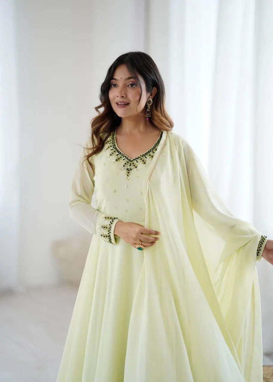 Handwork Embroidered Georgette Gown Set with Dupatta and Pant for family functions