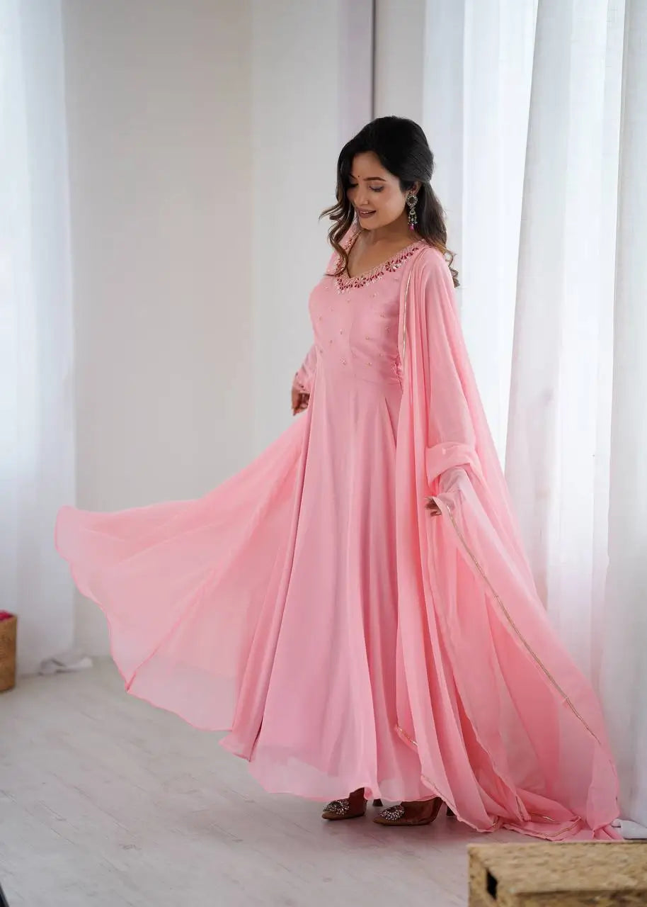Handwork Embroidered Georgette Gown Set with Dupatta and Pant for family functions