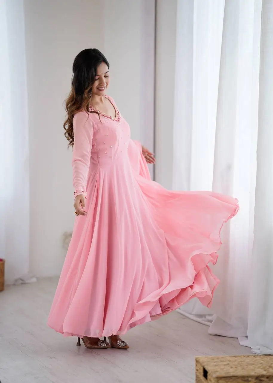 Handwork Embroidered Georgette Gown Set with Dupatta and Pant for family functions
