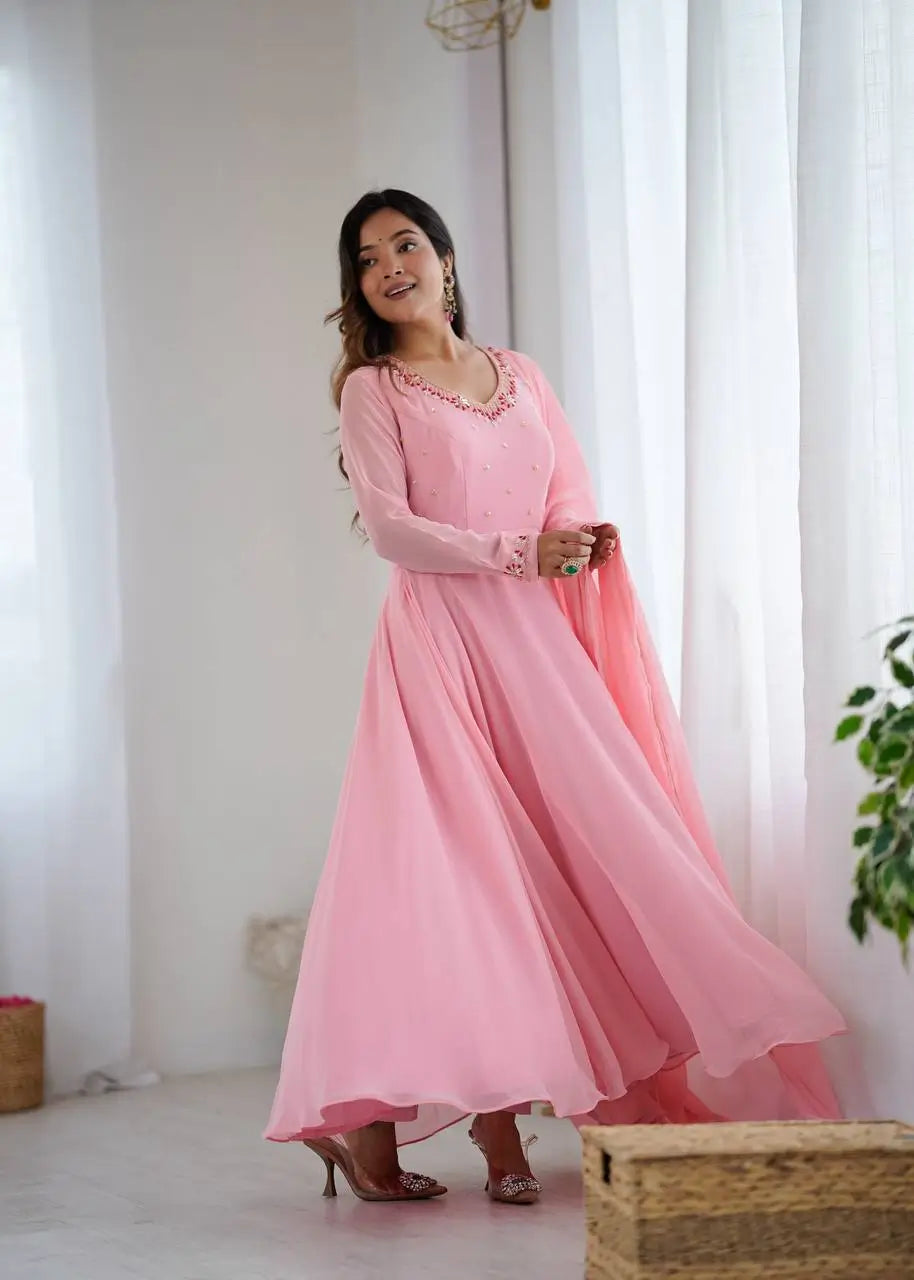 Handwork Embroidered Georgette Gown Set with Dupatta and Pant for family functions