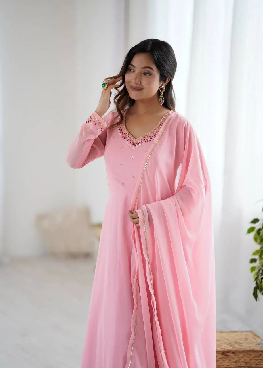 Handwork Embroidered Georgette Gown Set with Dupatta and Pant for family functions