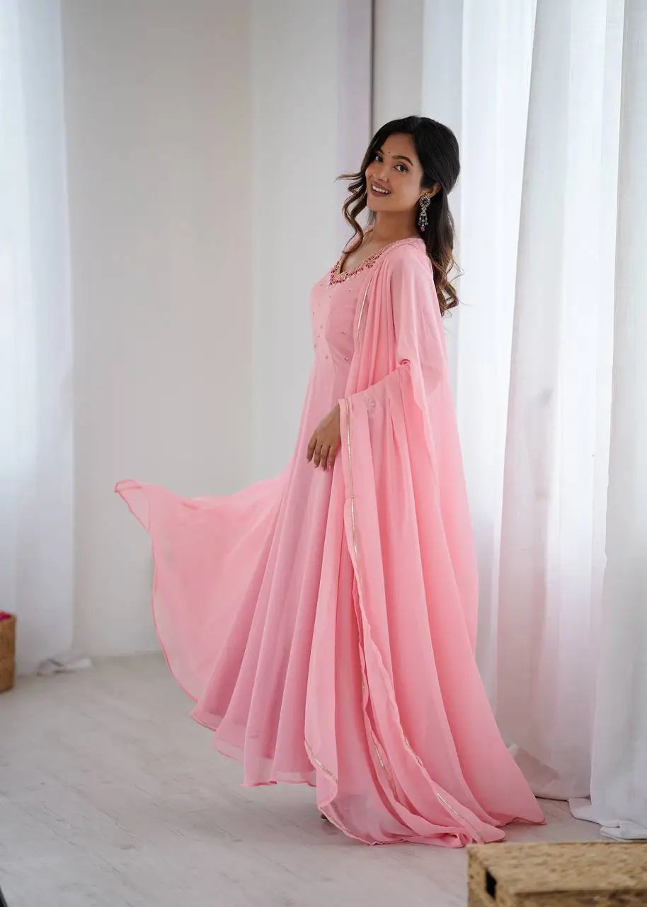 Handwork Embroidered Georgette Gown Set with Dupatta and Pant for family functions
