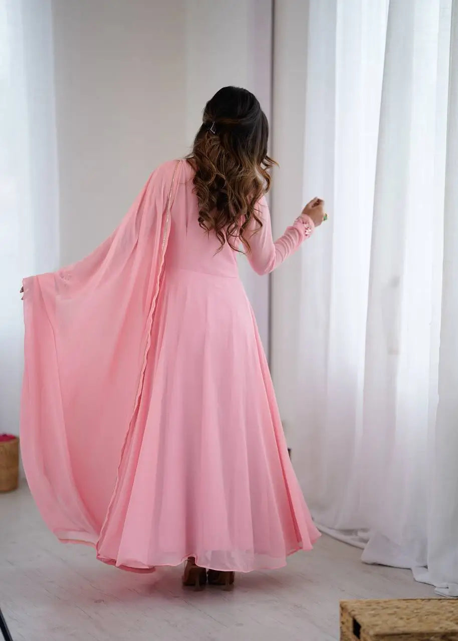 Handwork Embroidered Georgette Gown Set with Dupatta and Pant for family functions