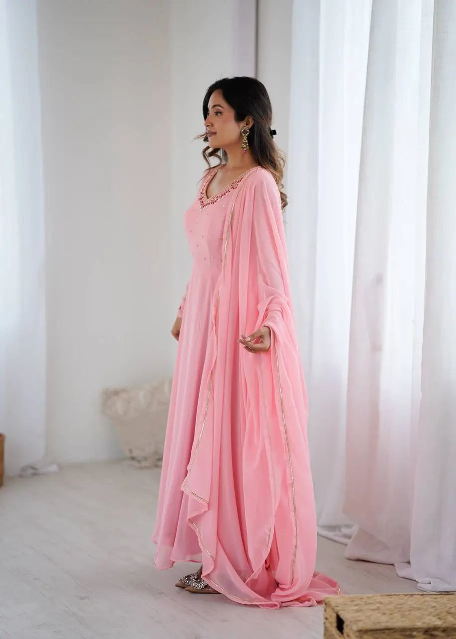 Handwork Embroidered Georgette Gown Set with Dupatta and Pant for family functions