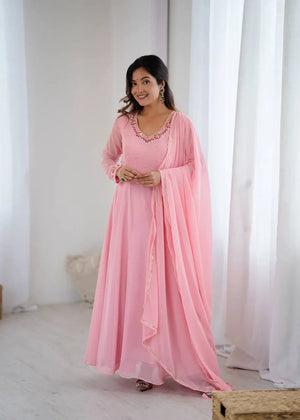 Handwork Embroidered Georgette Gown Set with Dupatta and Pant for family functions