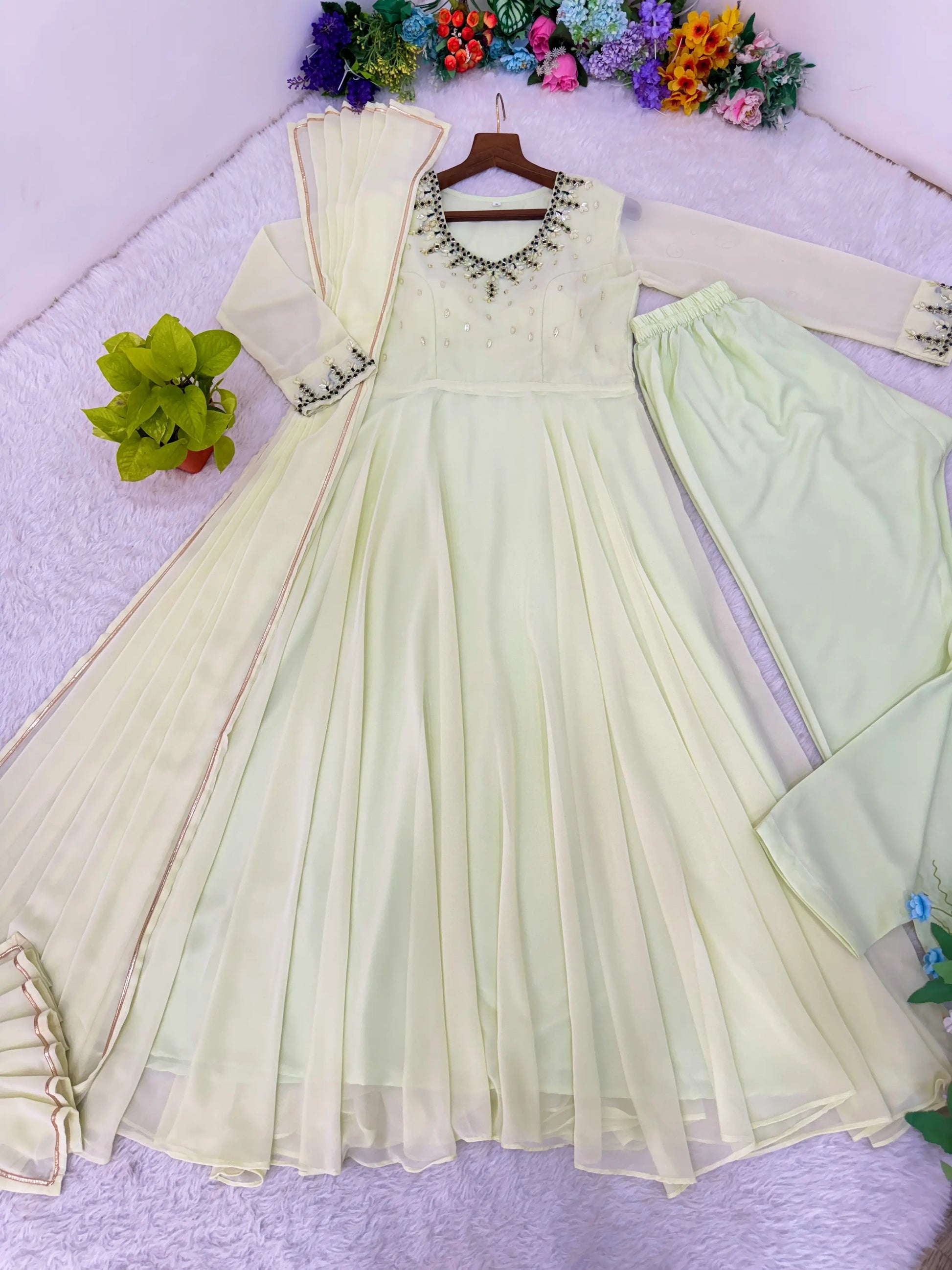 Handwork Embroidered Georgette Gown Set with Dupatta and Pant for family functions