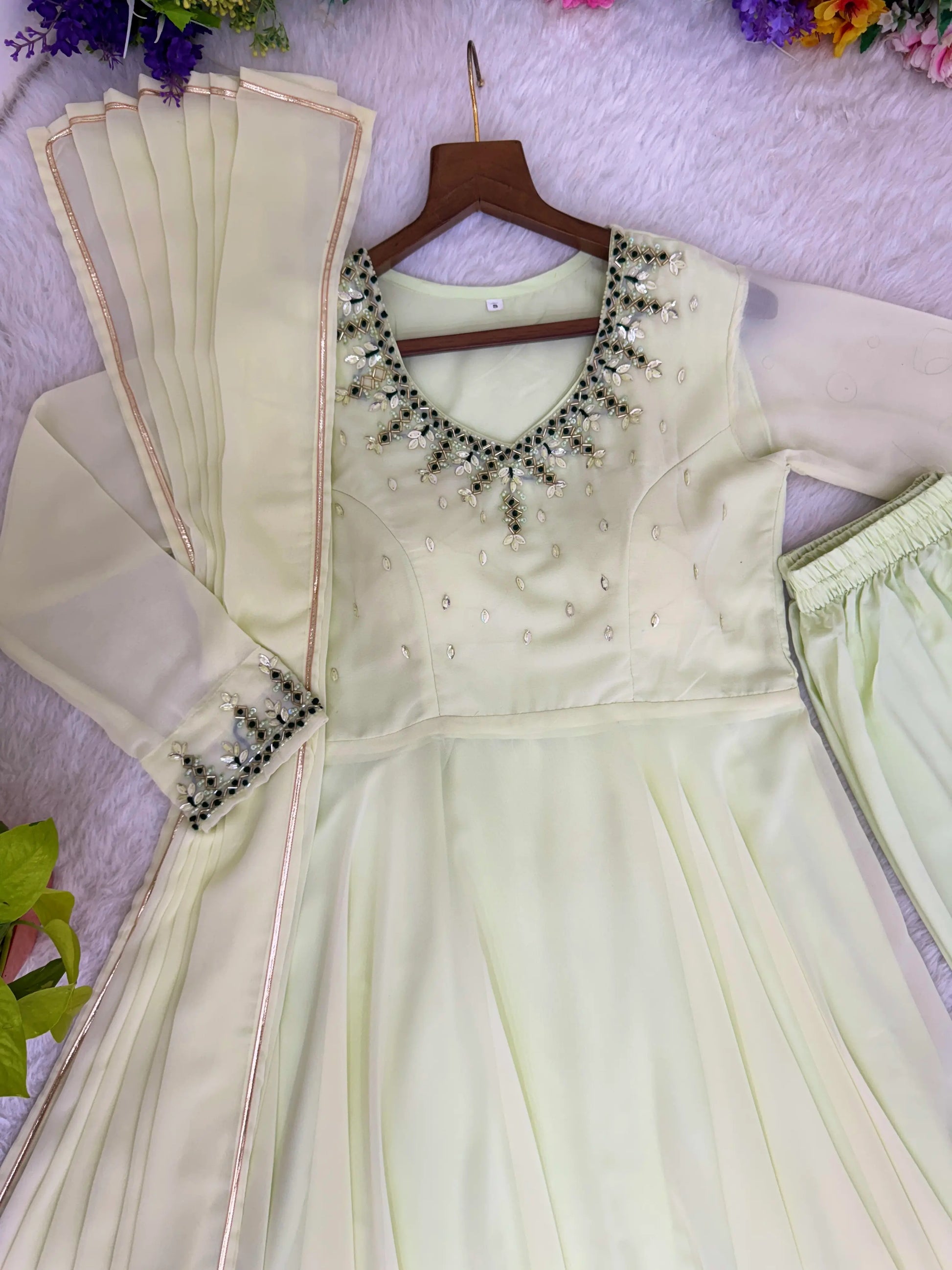 Handwork Embroidered Georgette Gown Set with Dupatta and Pant for family functions
