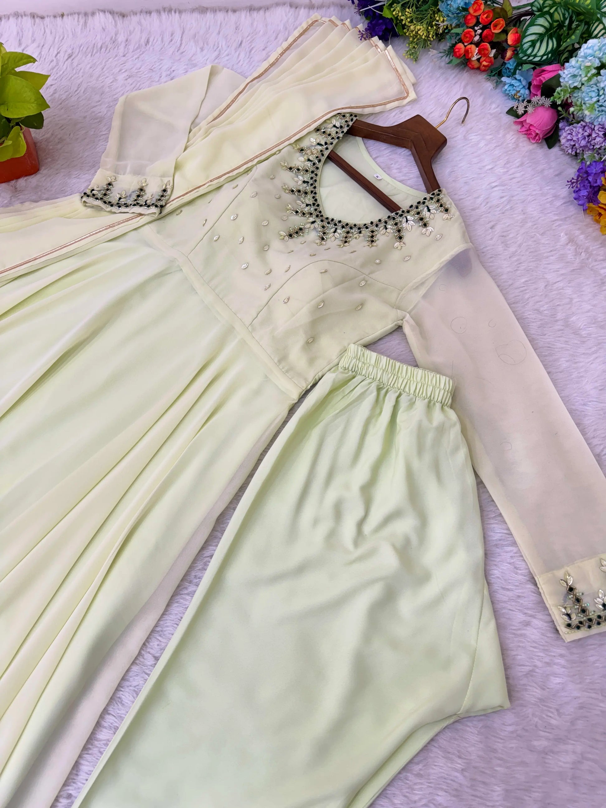 Handwork Embroidered Georgette Gown Set with Dupatta and Pant for family functions