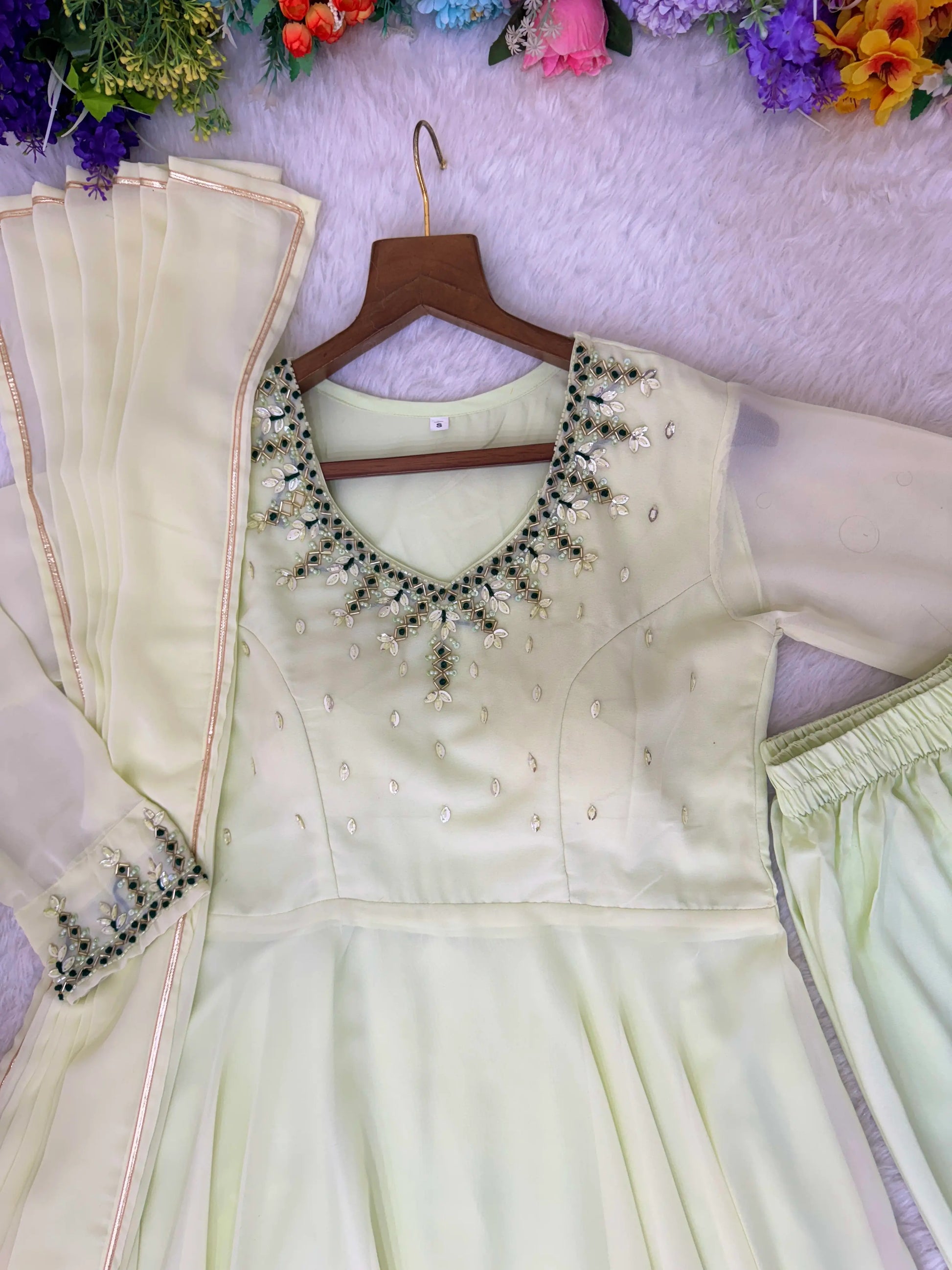 Handwork Embroidered Georgette Gown Set with Dupatta and Pant for family functions