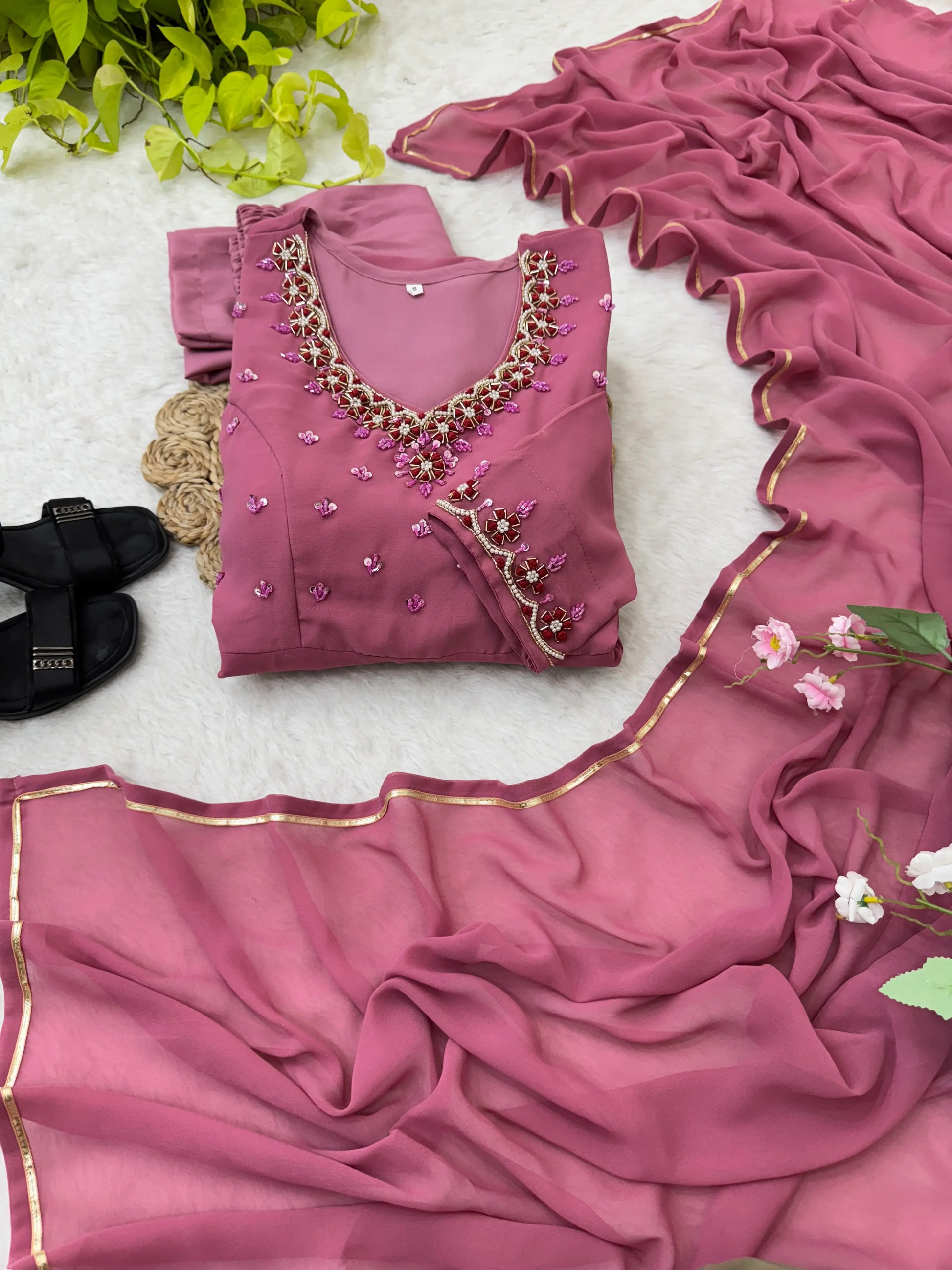 Handwork Embroidered Georgette Gown Set with Dupatta and Pant for family functions