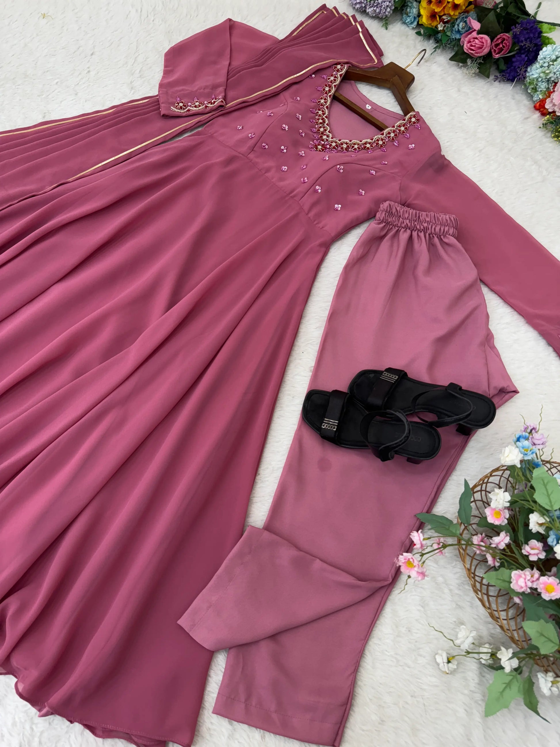 Handwork Embroidered Georgette Gown Set with Dupatta and Pant for family functions