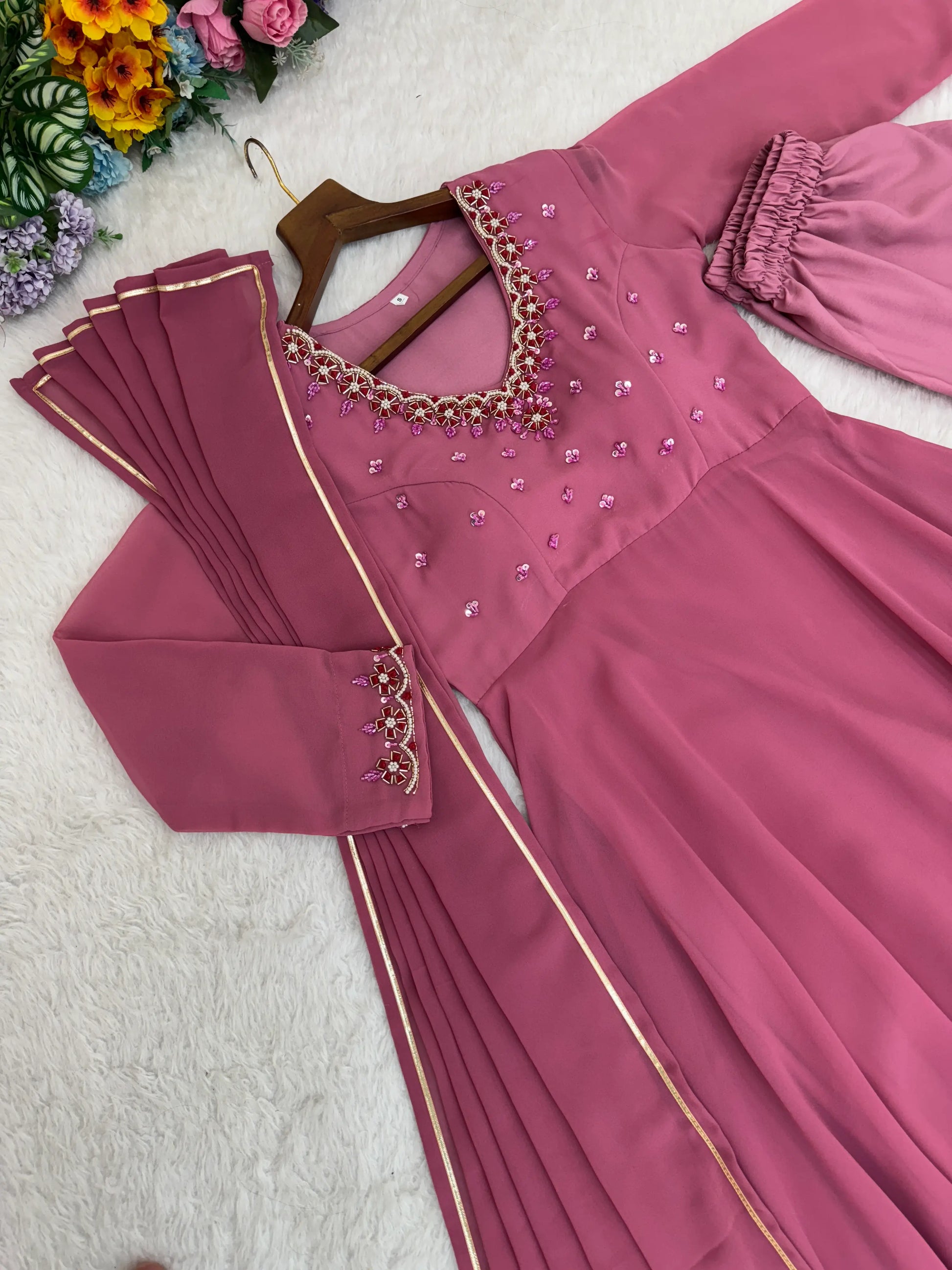 Handwork Embroidered Georgette Gown Set with Dupatta and Pant for family functions