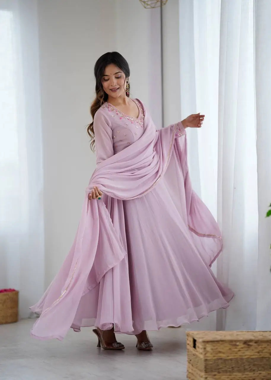 Handwork Embroidered Georgette Gown Set with Dupatta and Pant for family functions