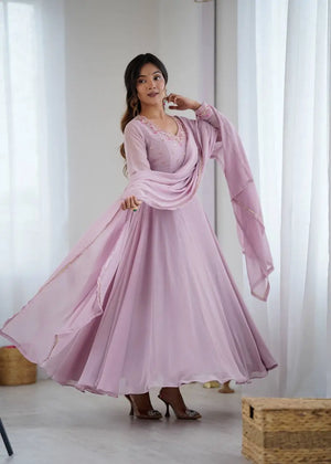 Handwork Embroidered Georgette Gown Set with Dupatta and Pant