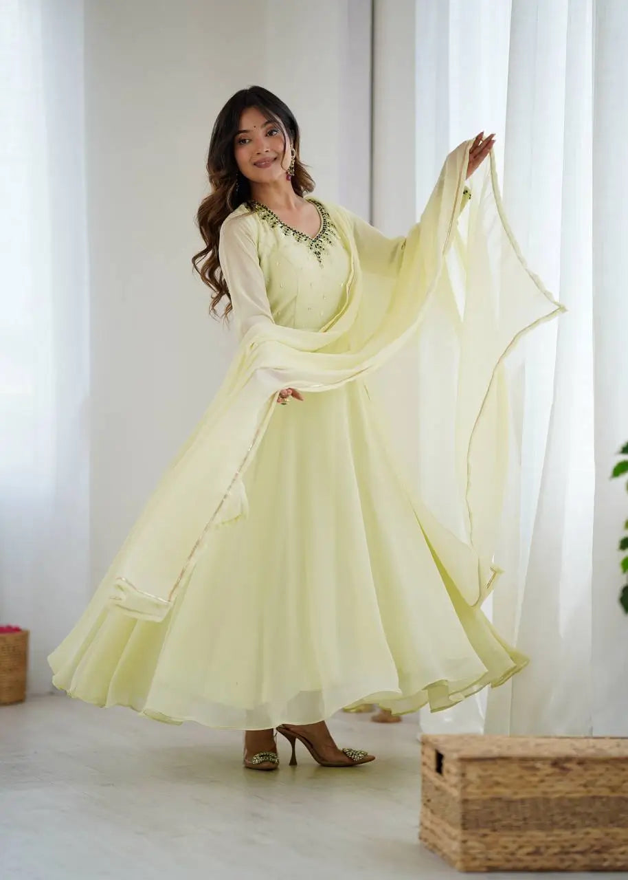 Handwork Embroidered Georgette Gown Set with Dupatta and Pant