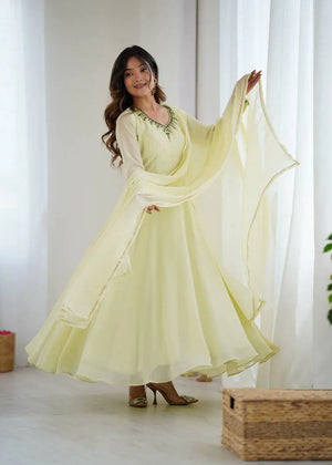 Handwork Embroidered Georgette Gown Set with Dupatta and Pant