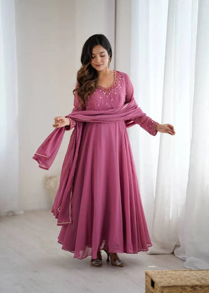 Handwork Embroidered Georgette Gown Set with Dupatta and Pant