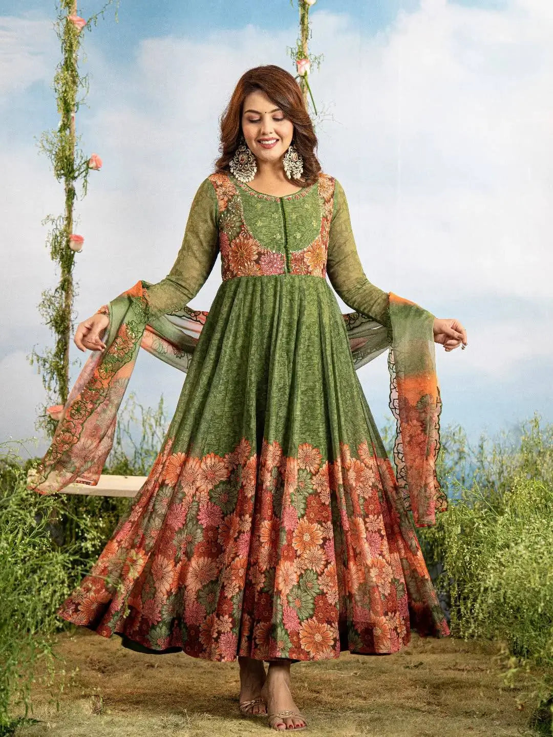 Handwork Faux Georgette Gown Set With Dupatta