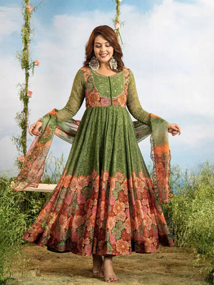 Handwork Faux Georgette Gown Set With Dupatta