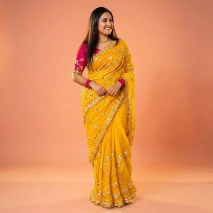 Handworked Gota Patti Georgette Saree with Sequence Lace Border