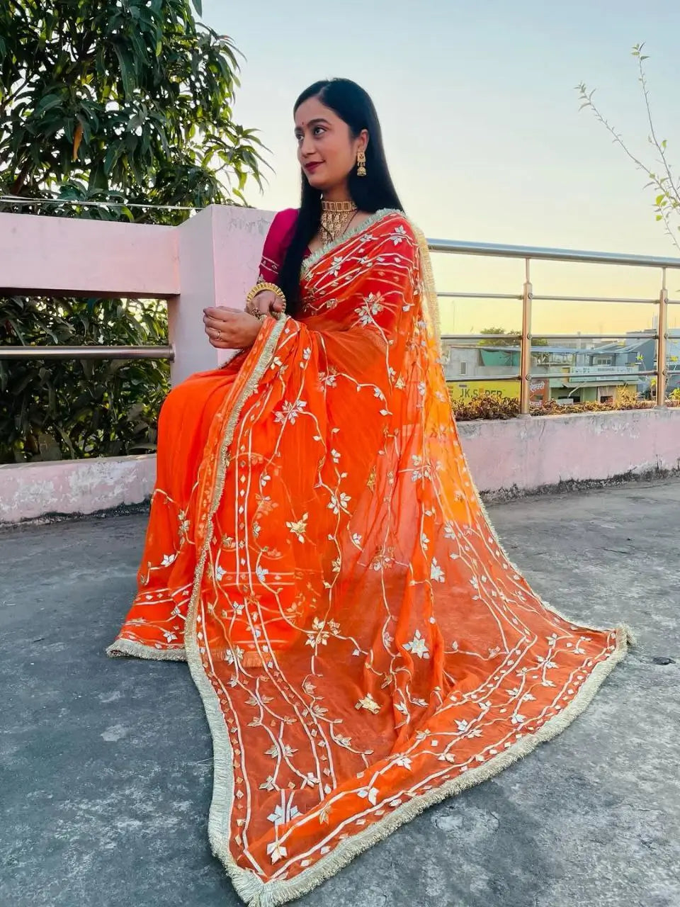 Handworked Gota Patti Georgette Saree with Sequence Lace Border